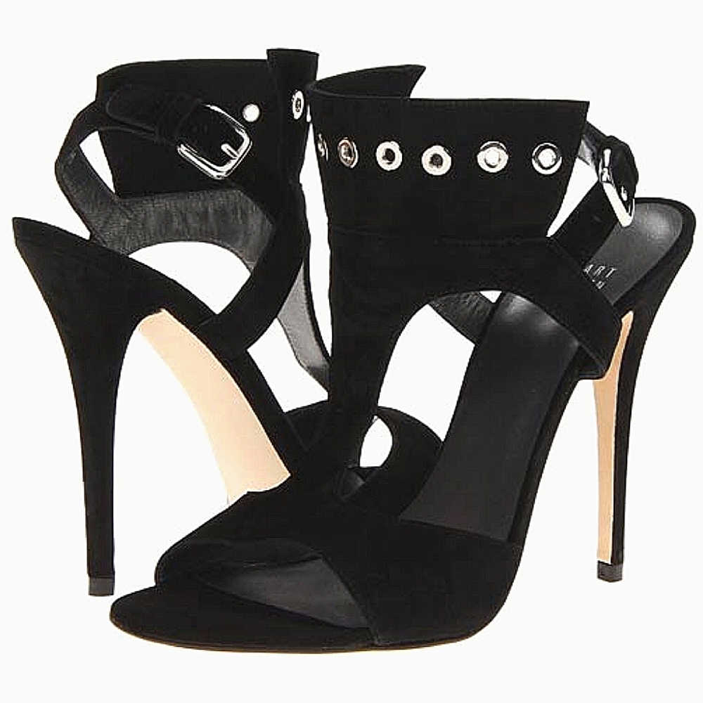 STUART WEITZMAN Frenchcuff Black Suede Leather Embellished Sandals Heels sz 10